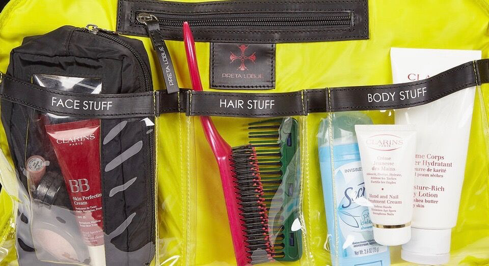 gym/overnight bag with clear, labeled pockets